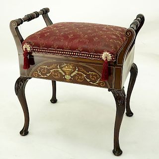 Antique Queen Anne Style Painted and Inlaid Upholstered Bench. Rubbing to varnish, split to wood on