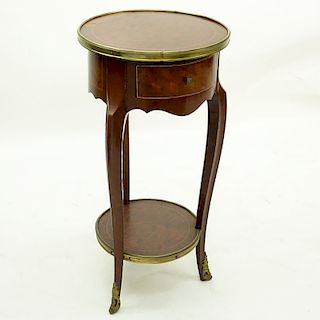 20th Century French Louis XVI Style Parquetry Inlaid Gilt Brass Round Side Table. Single fitted sli
