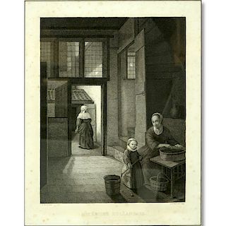 After: Pieter de Hooch, Antique Engraving "Interieur Hollandais", L.A. Claessens sculp. Foxing and 