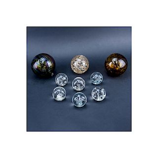 Group of Nine (9): Six Vintage Glass Paperweights along with Three Art Glass Spheres. Label attache