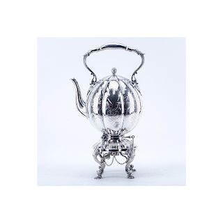 Victorian Style Silver Plated Tilting Hot Water Kettle on Stand. Unsigned. Good condition. Measures