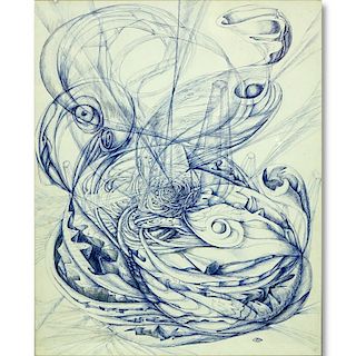 Modern Abstract Pen Drawing on Paper, Possibly Artist Signed Lower Right. Spotting and creasing to 