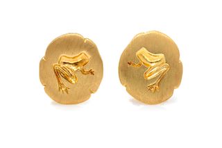 A Pair of 18 Karat Yellow Gold 'Frog on Lily Pad' Earclips, Tiffany & Co, 6.10 dwts.