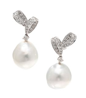 A Pair of White Gold, Diamond, and Cultured Pearl Earrings, 6.00 dwts.