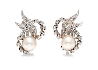 A Pair of 14 Karat White Gold, Cultured Pearl and Diamond Earclips, 4.90 dwts.