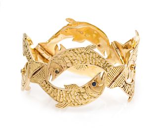 A 14 Karat Yellow Gold, Ruby and Sapphire 'Pisces' Fish Link Bracelet, Diana Kim England, 36.60 dwts.