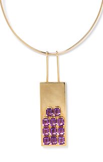 A Modernist Kinetic 14 Karat Yellow Gold and Amethyst Necklace, 42.95 dwts.