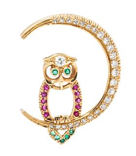 A 14 Karat Yellow Gold, Diamond, Ruby and Emerald Owl and Crescent Moon Brooch, 5.00 dwts.