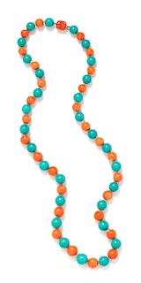 A 14 Karat Yellow Gold, Coral and Turquoise Bead Necklace,