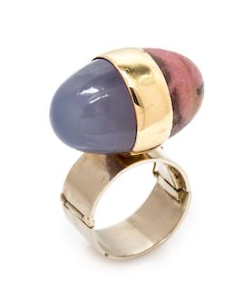 A Modernist 14 Karat Bicolor Gold, Blue Chalcedony and Rhodonite Ring, 15.45 dwts.