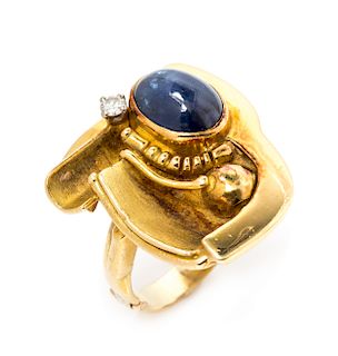 A Modernist 18 Karat Yellow Gold, Sapphire and Diamond Ring, Fernand Demaret, 10.05 dwts.