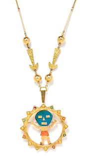 An 18 Karat Yellow Gold and Multigem Hardstone Pendant/Necklace, 25.15 dwts.