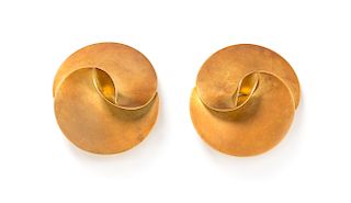 A Pair of 18 Karat Yellow Gold Sculptural Earclips, 12.00 dwts.