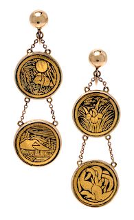 A Pair of 14 Karat Yellow Gold and Neillo Pendant Earclips, Spaulding & Co., 10.40 dwts.