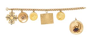A 14 Karat Yellow Gold Bracelet with 6 Attached and Unattached Charms, 36.70 dwts.