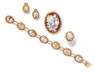 A Collection of Yellow Gold and Shell Cameo Jewelry, 16.00 dwts.