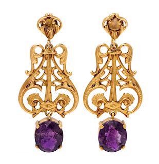 A Pair of Yellow Gold and Amethyst Pendant Earclips, 5.25 dwts.