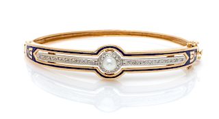 A Bicolor Gold, Cultured Pearl, Diamond and Enamel Bangle Bracelet, 11.60 dwts.