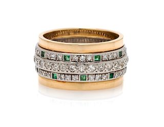 A Yellow Gold, Platinum, Diamond and Emerald Ring, 6.80 dwts.
