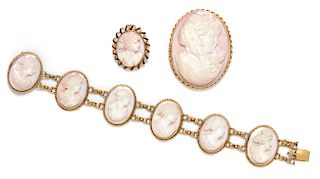 A Collection of 14 Karat Yellow Gold and Shell Cameo Jewelry,