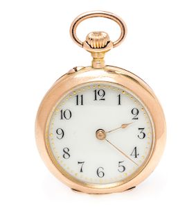 An 18 Karat Rose Gold, Diamond and Seed Pearl Open Face Pendant Pocket Watch, 12.40 dwts
