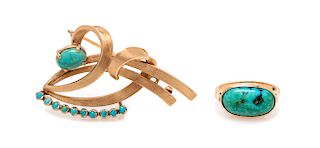 A Collection of Rose Gold and Turquoise Jewelry, 11.00 dwts.