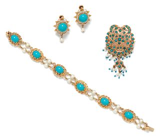 A Collection of Yellow Gold, Turquoise and Cultured Pearl Jewelry, 23.10 dwts.