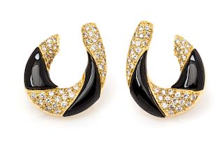Pair of 18 Karat Yellow Gold, Diamond and Onyx Hoop Earclips, 13.20 dwts.