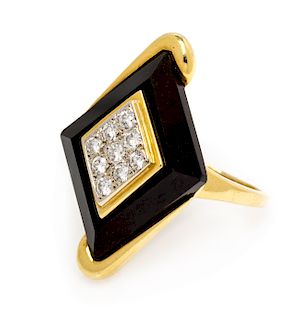 An 18 Karat Yellow Gold, Onyx and Diamond Ring, Italian, 7.50 dwts.