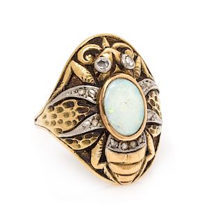 An Art Nouveau Yellow Gold, Platinum, Opal and Diamond Insect Ring, 10.10 dwts.