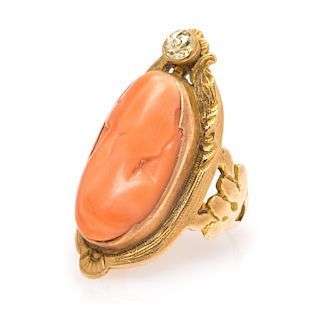An Art Nouveau Yellow Gold, Coral Cameo and Diamond Ring, 4.10 dwts.