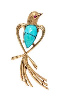 A Yellow Gold, Turquoise and Ruby Bird Brooch, 3.40 dwts.