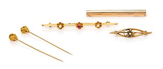 A Collection of Antique Gold Gemstone Bar Brooches and Stickpins, 4.70 dwts.