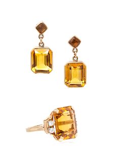 A Collection of Yellow Gold, Citrine and Diamond Jewelry, 7.00 dwts.