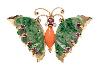 A 14 Karat Yellow Gold, Jade, Coral, Ruby and Diamond Butterfly Brooch, 10.00 dwts.