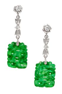 A Pair of Platinum, Diamond and Jade Earclips, 4.10 dwts.