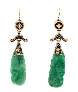 A Pair of Yellow Gold, Jade, Diamond and Seed Pearl Earrings, 6.50 dwts.