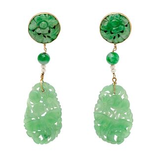 A Pair of Yellow Gold, Jade and Seed Pearl Pendant Earrings, 5.50 dwts.