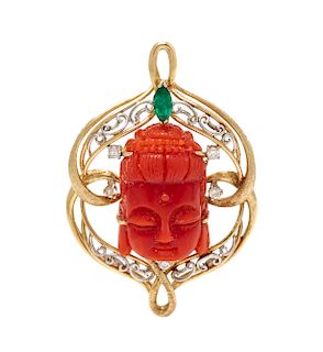 A 14 Karat Bicolor Gold, Carved Coral Buddha, Emerald, and Diamond Pendant, 8.60 dwts.