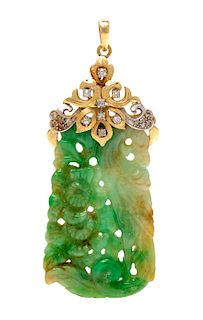 A 14 Karat Bicolor Gold, Jade and Diamond Pendant, 10.80 dwts.