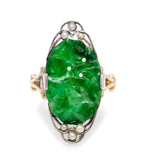 A 14 Karat Bicolor Gold, Jade and Seed Pearl Ring, 3.40 dwts.