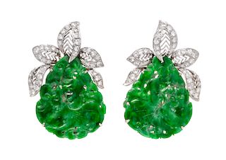 A Pair of 14 Karat White Gold, Jade, and Diamond Earclips, 12.50 dwts.