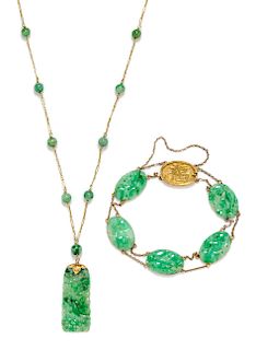 A Collection of Art Deco Yellow Gold and Jade Jewelry, 9.80 dwts.