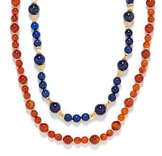 A Collection of 14 Karat Gold, Lapis Lazuli and Carnelian Bead Necklaces,