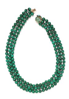 A 14 Karat Yellow Gold, Emerald, Sapphire and Malachite Multistrand Bead Necklace,