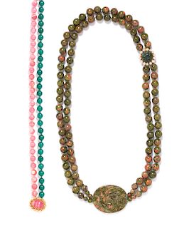 A Collection of 14 Karat Yellow Gold and Multigem Bead Necklaces,