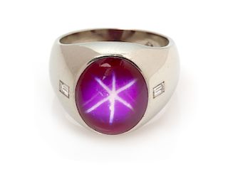 A 14 Karat White Gold, Synthetic Star Ruby and Diamond Ring, Rothman & Schneider, 7.30 dwts.