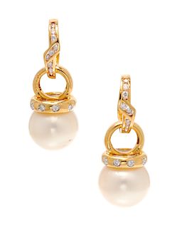 A Pair of 18 Karat Yellow Gold, Cultured South Sea Pearl, and Diamond Hoop Pendant Earrings, 8.00 dwts.