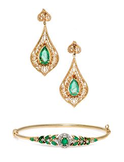 A Collection of Yellow Gold and Emerald Jewelry, 10.10 dwts.