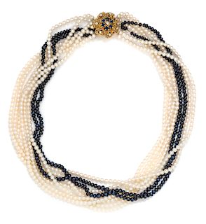 A 14 Karat Yellow Gold, Sapphire, Diamond, and Cultured Pearl Torsade Necklace,